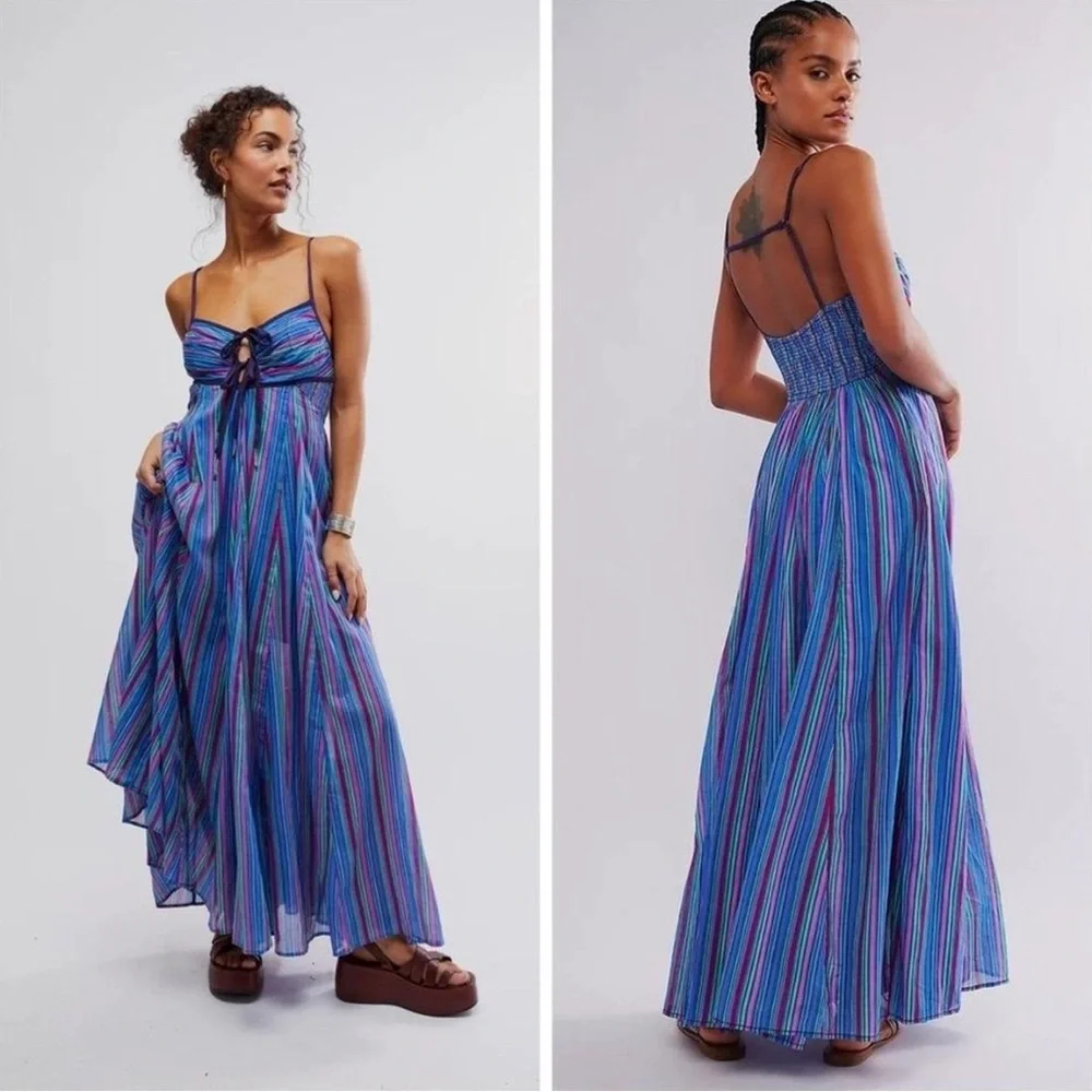 Free People Dream Weaver Maxi Dress Medium Rainbow Blue Striped Sundress